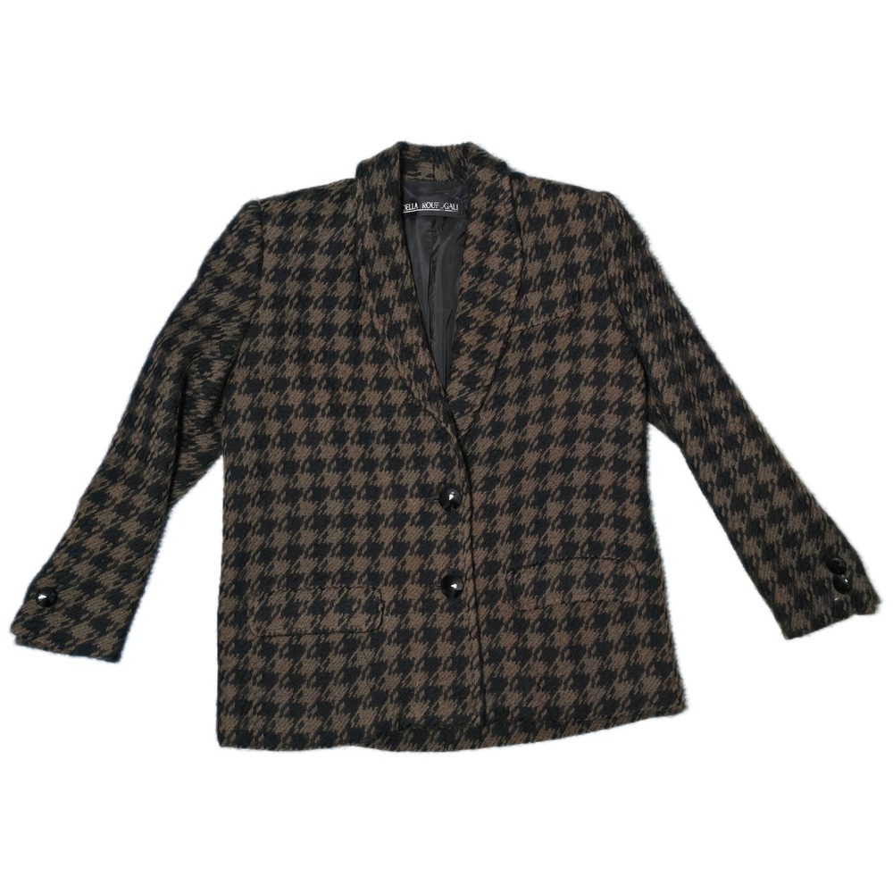 Della Roufogali‎ Houndstooth Blazer Womens 8 Brown Black Vintage 2-Button (F)